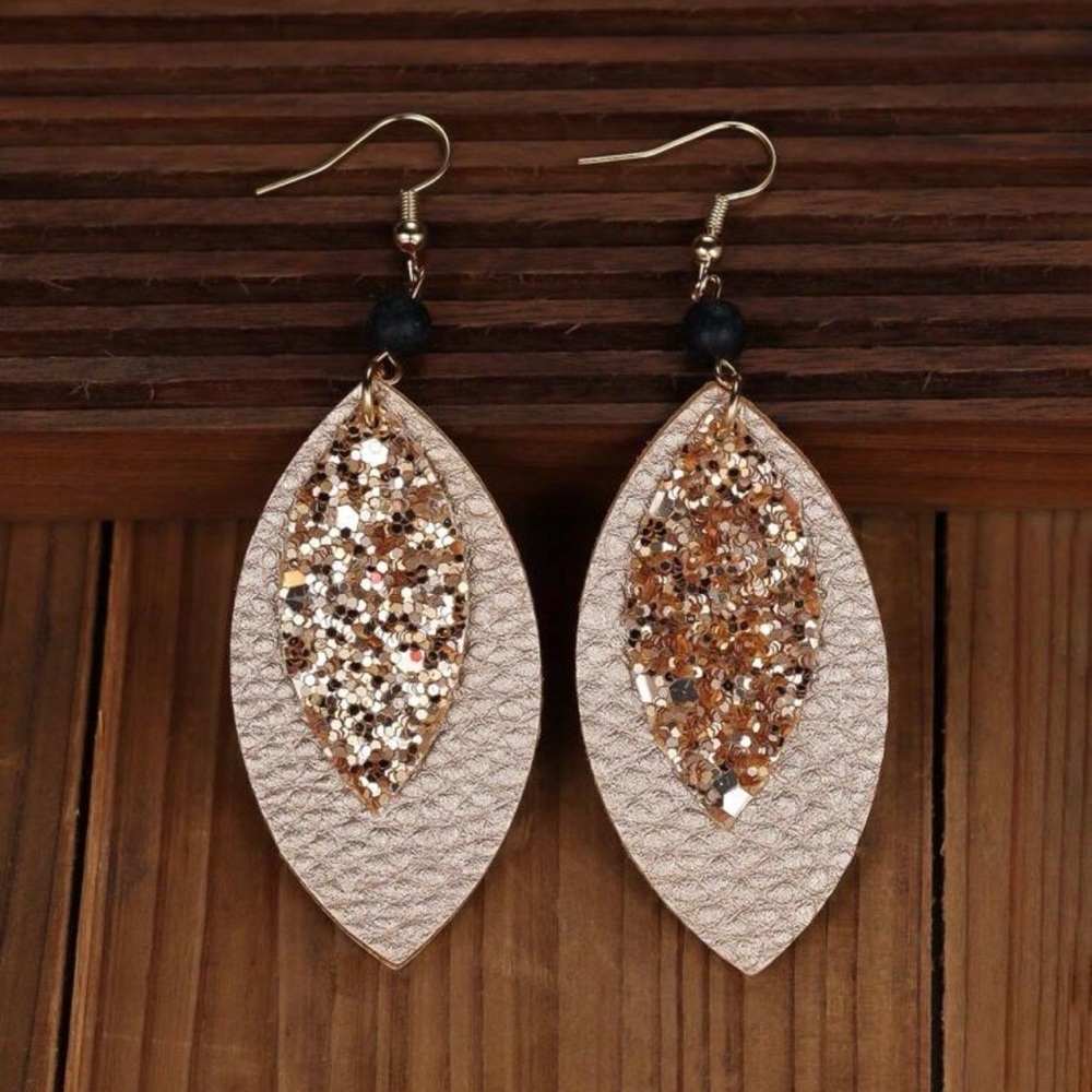 Sparkling Gold and Black Leaf Earrings - Picture 3 of 5